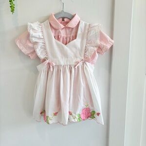Vintage 80's Baby Girl Smocked Light Pink Dress With Embroidered Floral Apron